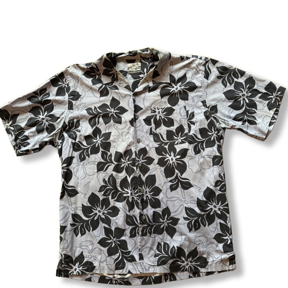 Men's Blue and White Floral Casual Button Down Shirt L